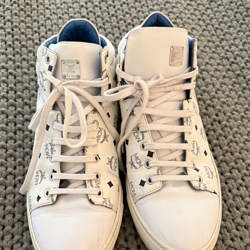 MCM Mens White and Blue High-Top Sneakers
